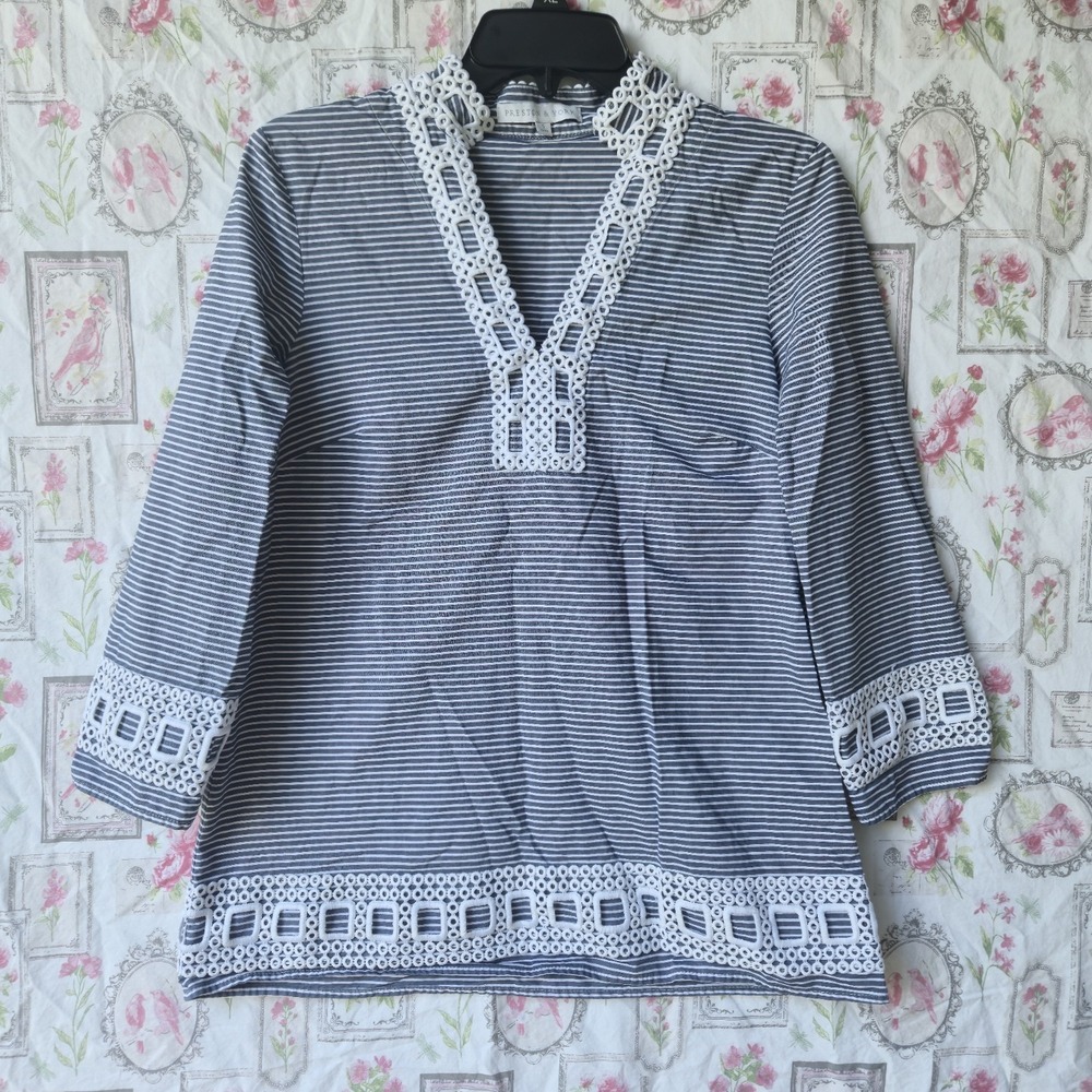 Preston & York Addison Tunic S Blue White‎ Stripe Lace Trim 3/4 Sleeve V-Neck